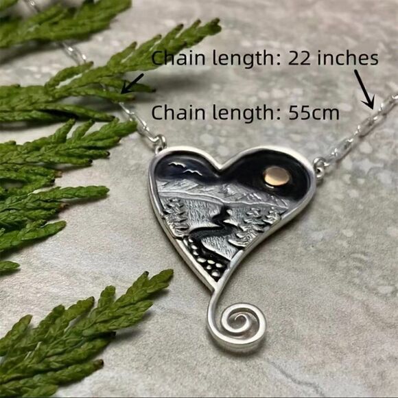 Pendant Necklace with River, Mountains, Sun on Heart #401 - Picture 11 of 11